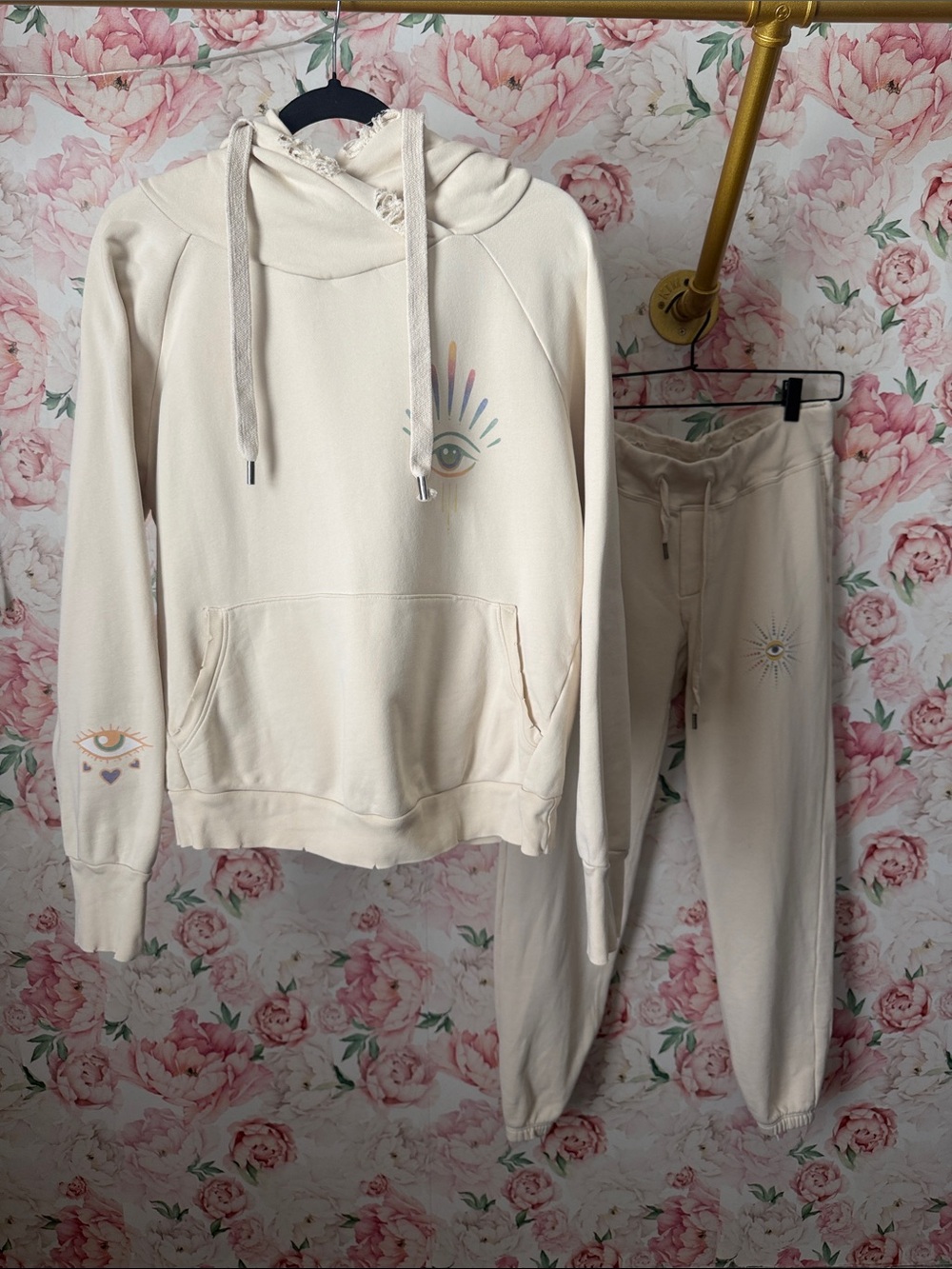NSF x Jacquie Aiche JA Cream Evil Eye Sweatshirt Sweatpants SET 2 pieces size M